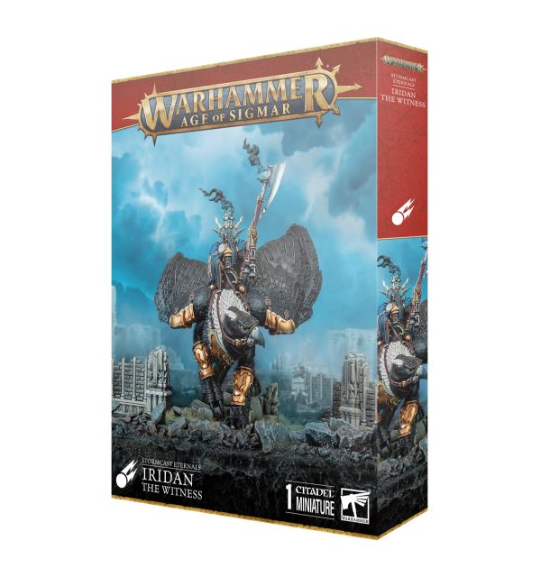 Product packaging for 'Stormcast Eternals Iridan The Witness' featuring a miniature figure mounted on a fantasy creature, with the Warhammer Age of Sigmar game branding.