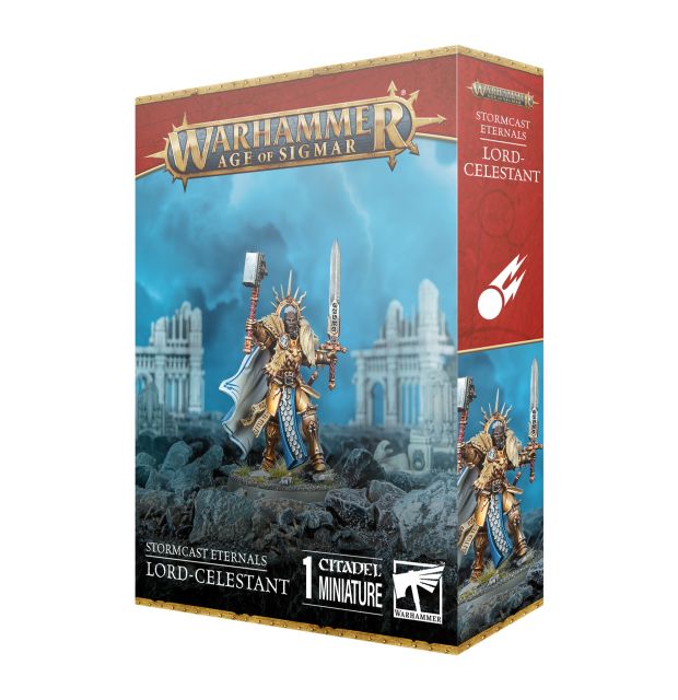 Product packaging for Warhammer Age of Sigmar Lord-Celestant miniature, featuring the assembled and painted figure on the box front with a citadel in the background.