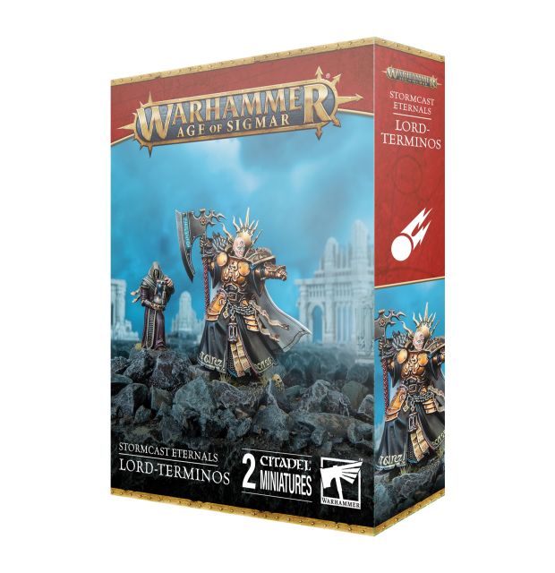 Product packaging for 'Stormcast Eternals Lord-Terminos' featuring two miniatures, a hooded Memorian and a character with a blade, set against a fantasy battle backdrop.