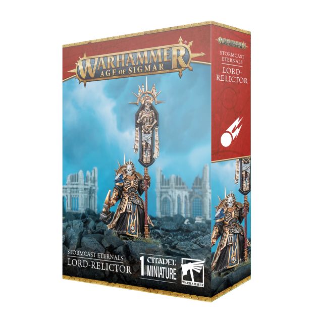 Packaging for Warhammer Age of Sigmar Stormcast Eternals Lord Relictor miniature, featuring the assembled and painted model on the front.