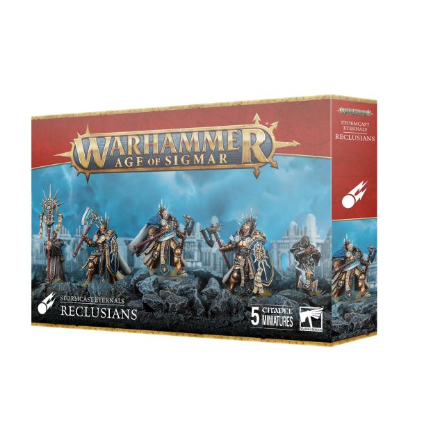 Product packaging for 'Stormcast Eternals Reclusians' featuring miniatures from the game Warhammer Age of Sigmar'. The box displays the miniatures in a battle pose against a backdrop of a magical landscape.