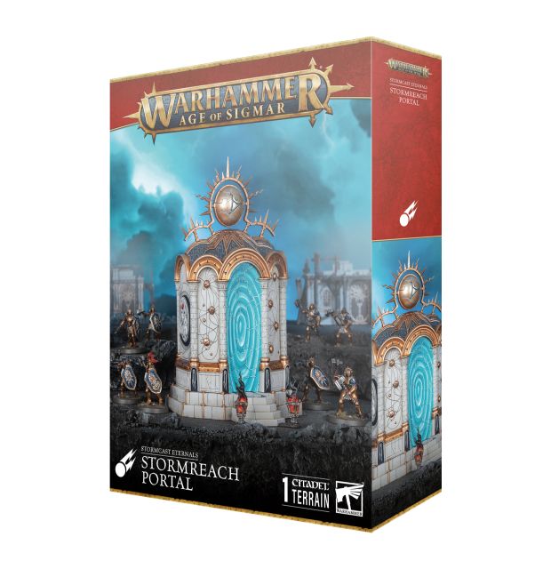 Product packaging for the Stormcast Eternals Stormreach Portal in Warhammer Age of Sigmar, featuring an image of the assembled portal on the box art.