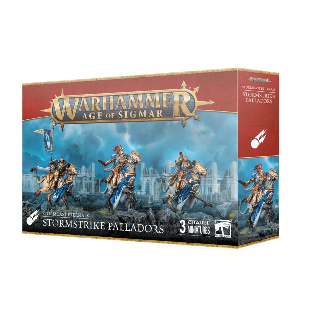 Boxed Warhammer Age of Sigmar game set featuring Stormstrike Palladors. The packaging shows illustrations of the miniatures engaging in battle.