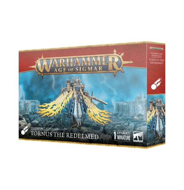 Product packaging for Warhammer Age of Sigmar, featuring an illustration of Tornus The Redeemed, a character with a greatspear and wings on the front.