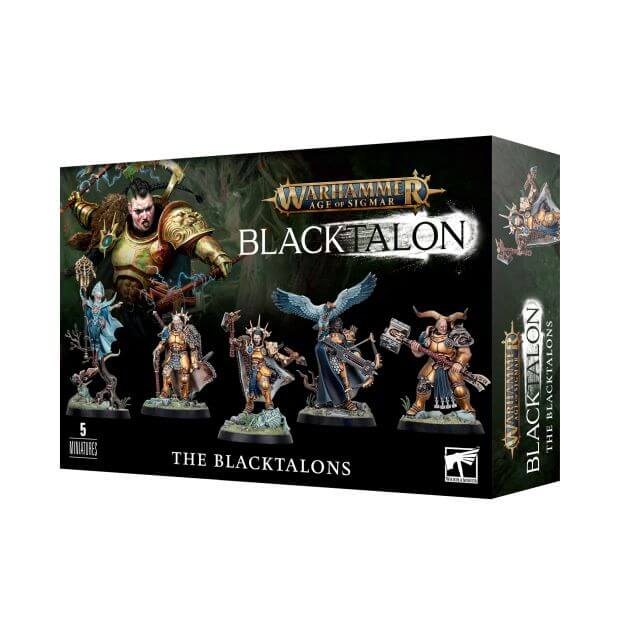 Boxed set of Stormcast Eternals The Blacktalons miniatures, featuring various characters, including Neave Blacktalon, Hendrick the Silver Wolf, and others from the Idoneth Deepkin.