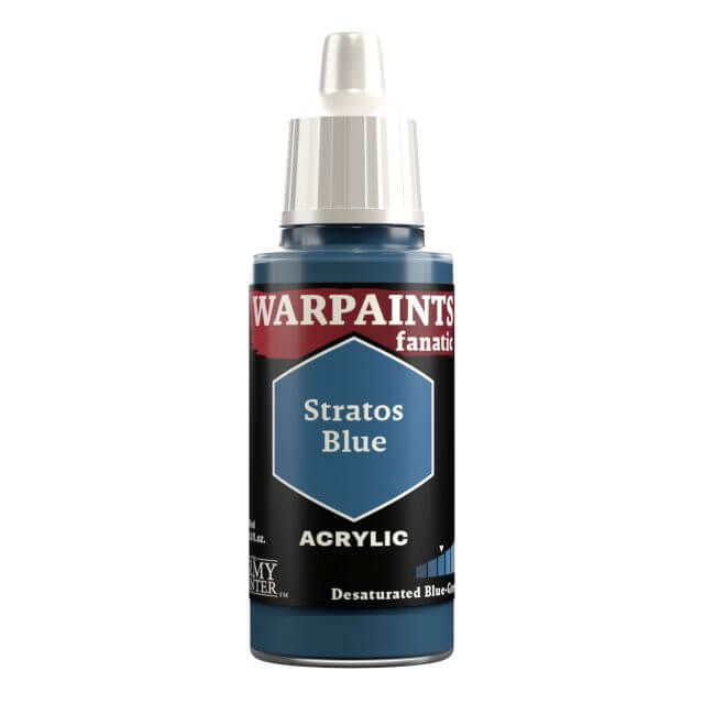 A bottle of Warpaints Fanatic Stratos Blue acrylic paint.