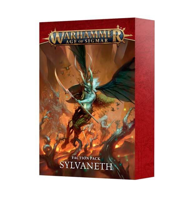 Packaging for the Sylvaneth 4th Ed Faction Pack, featuring illustrated fantasy creatures and a red thematic design typical of Warhammer game accessories.