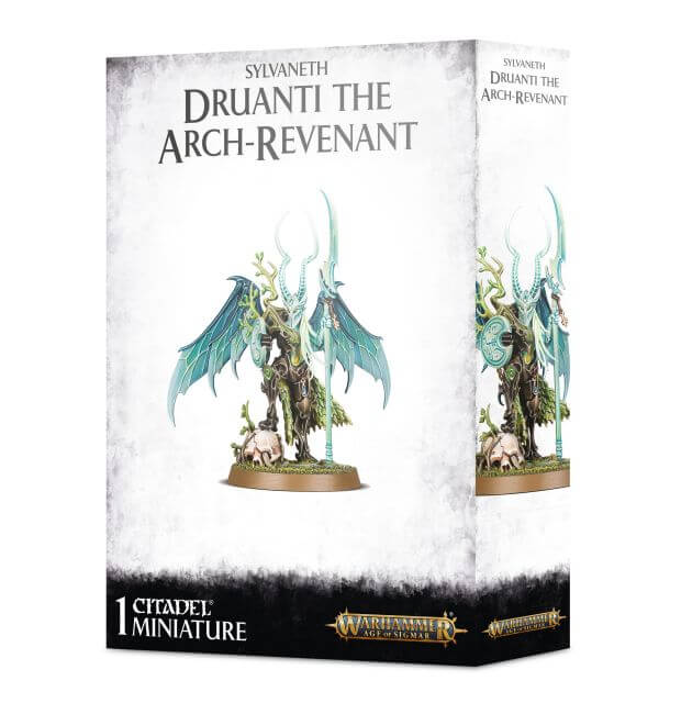Packaging for Sylvaneth Druanti the Arch-Revenant miniature, featuring the figure on a box with detailed design elements related to the fantasy theme.