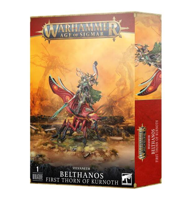 Product packaging for 'Sylvaneth Belthanos First Thorn of Kurnoth' featuring artwork of the miniature figure on a base, with the Warhammer Age of Sigmar game box design.