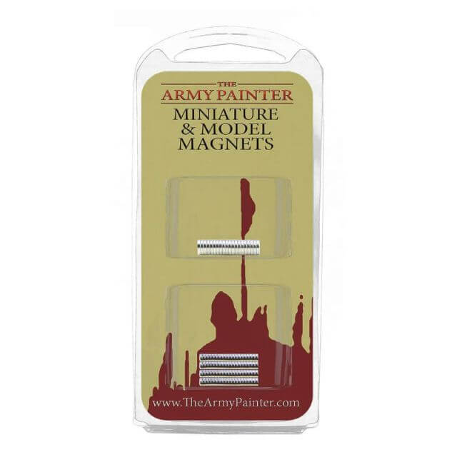 Packaging of The Army Painter Miniature & Model Magnets, featuring the magnets visible through a clear plastic window, with a painted miniature soldier in the background.