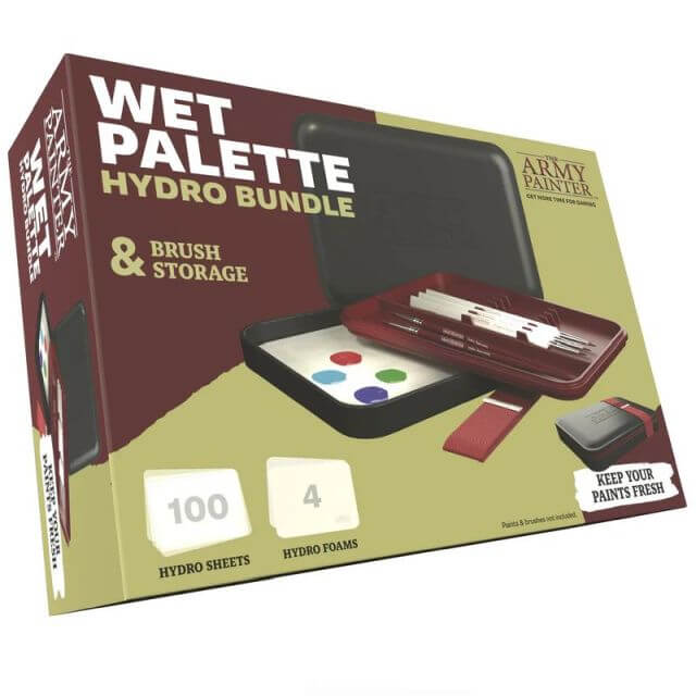The product image shows the Wet Palette Hydro Bundle by The Army Painter, which includes a hydrated wet palette, a brush holder, and hydro foams and sheets for paint mixing and storage.