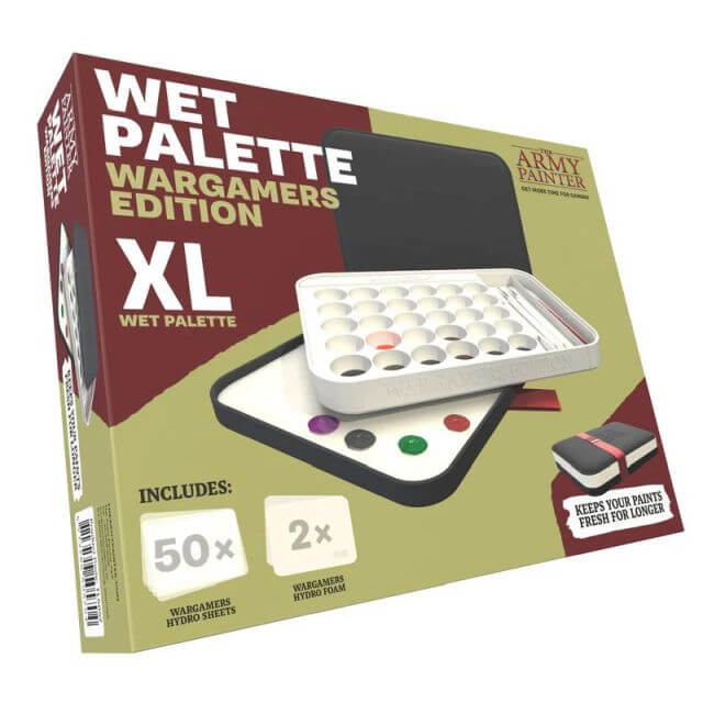 Packaging for The Army Painter's Wet Palette Wargamers Edition XL, showing the product with paint wells and additional accessories.