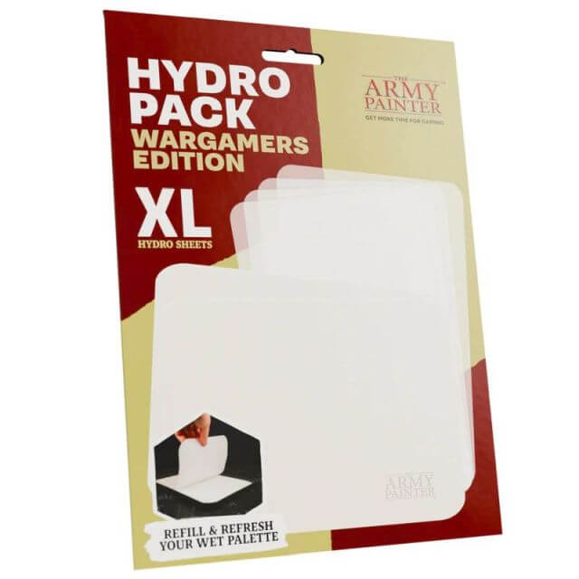 Packaging of Army Painter Hydro Pack Wargamers Edition, showing 50 hydrophilic sheets and 2 hydrophobic foams designed for use with a wet palette.