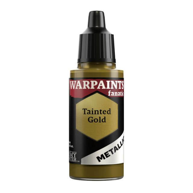 A bottle of Warpaints Fanatic Metallic paint in the shade Tainted Gold, with branding and product information on the label.