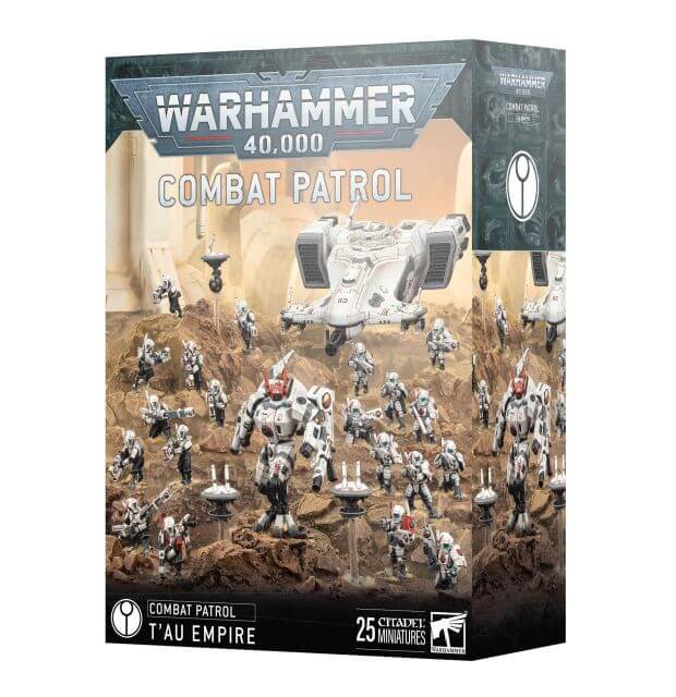 Product packaging for 'Warhammer 40,000: Combat Patrol - Tau Empire' featuring miniatures of Tau Empire soldiers and vehicles on a battle backdrop.