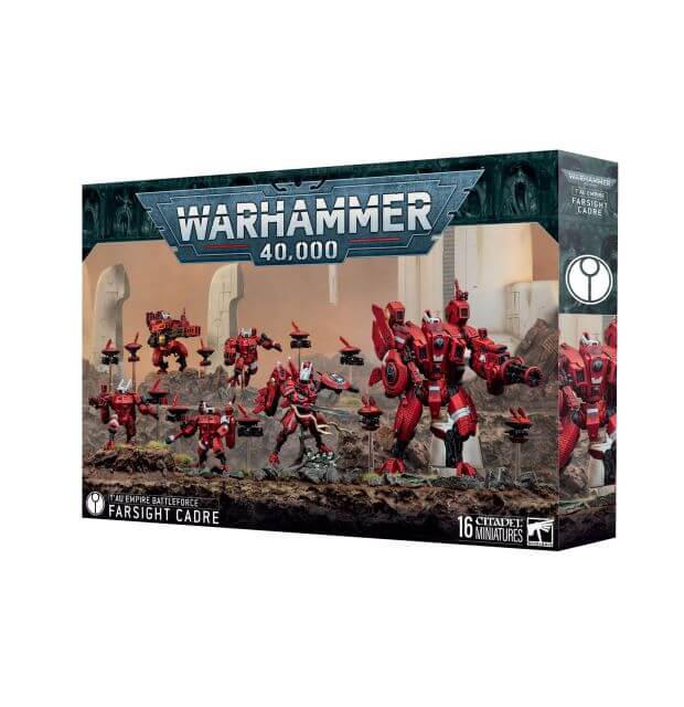Warhammer 40,000 game box with miniature figures on a white background