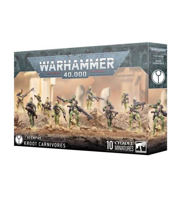 Box packaging for Tau Empire Kroot Carnivore Squad miniatures from Warhammer 40,000. The box features images of the assembled and painted miniatures.