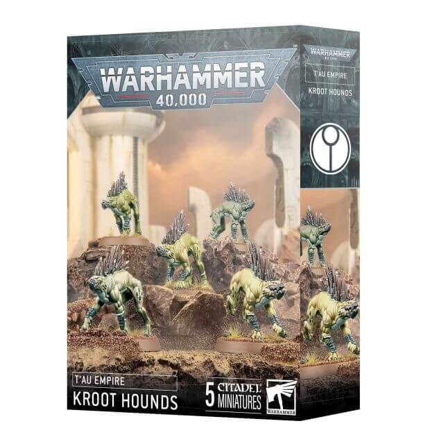 Product packaging for Warhammer 40,000 Tau Empire Kroot Hounds miniatures, showing five assembled and painted figures in various poses.