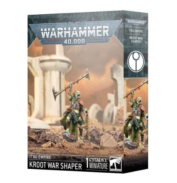 Product packaging for 'Tau Empire Kroot War Shaper', featuring a miniature figurine clothed in green and brown camouflage pattern, holding a blade and a bow, set against a sand and ancient ruins backdrop.