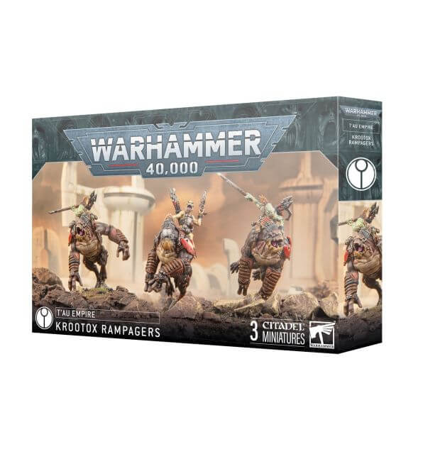 Product packaging for 'Tau Empire Krootox Rampagers 2024' featuring illustrations of the miniatures with Kroot riders on kin-beasts, poised for battle, against a backdrop of citadel-style architecture.