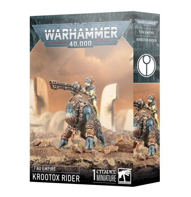 Product packaging for 'Tau Empire Krootox Rider 2024' featuring a miniature figurine mounted on a kin-beast with a gunner, set against a desert-like backdrop.