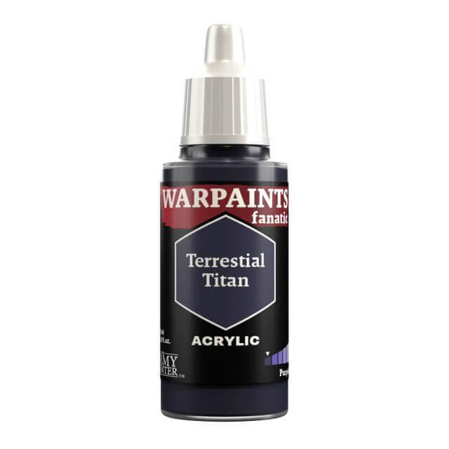 A bottle of Warpaints Fanatic craft paint in the shade 'Terrestrial Titan', which is a dark violet or purple color.