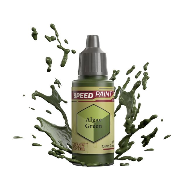 A bottle of Army Painter Speedpaint 2.0 Algae Green paint with a splash graphic design indicating the paint's vividness and ease of use.