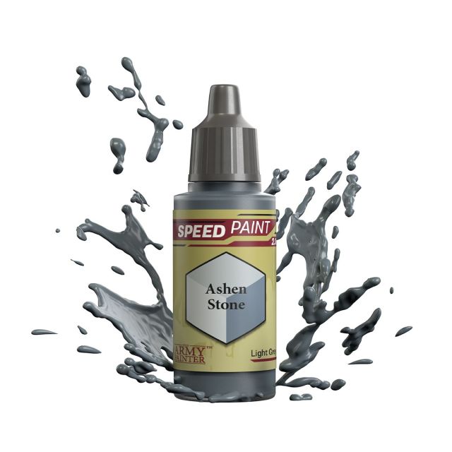 A bottle of 'Ashen Stone' Speedpaint 2.0 miniature paint from The Army Painter, depicted with a splash graphic to indicate motion or action.