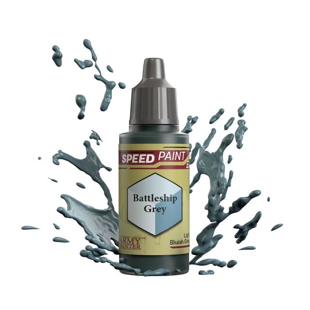A bottle of 'Battleship Grey' Speedpaint 2.0 miniature paint from The Army Painter, depicted with a splash graphic to emphasize the paint effect.