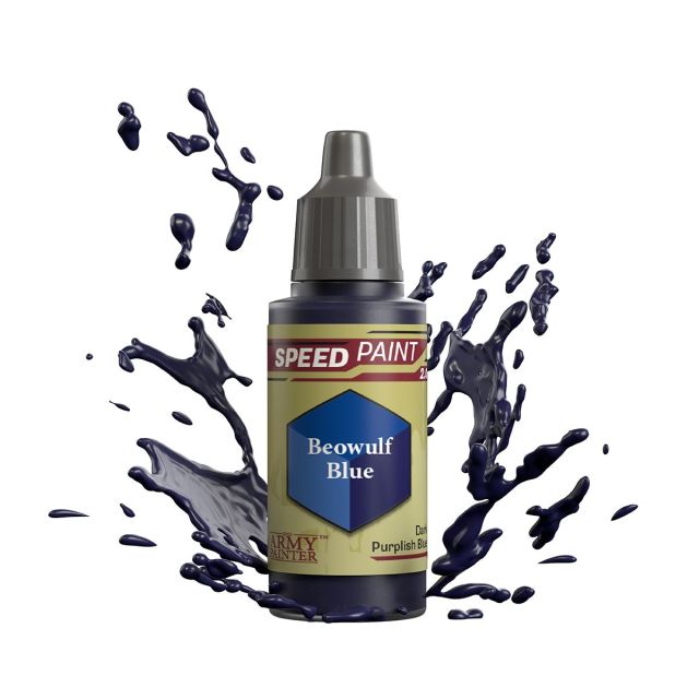 A bottle of 'Beowulf Blue' Speedpaint 2.0 miniature paint with a dynamic splash graphic on the label.