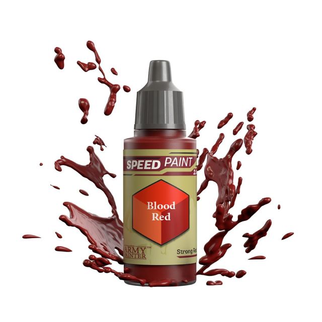 A bottle of 'Blood Red' Speedpaint 2.0 miniature paint from The Army Painter, depicted with a splash of red paint around it.