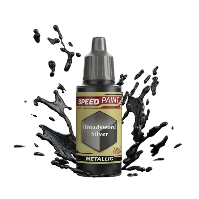A bottle of 'Speedpaint 2.0: Broadsword Silver' paint from The Army Painter, designed for miniature painting, with a dynamic splash graphic in the background.