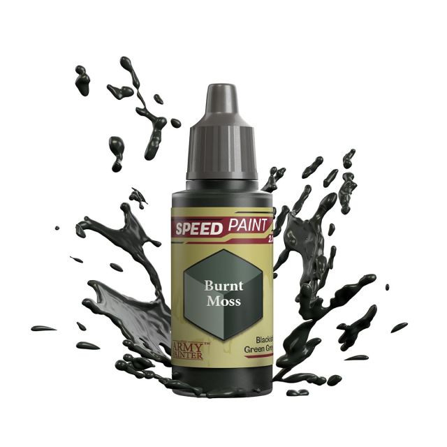 A bottle of 'Speedpaint 2.0: Burnt Moss' paint from The Army Painter, designed for miniature and model painting.