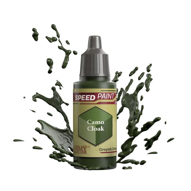 A bottle of The Army Painter Speedpaint 2.0 Camo Cloak paint with a splash of green paint around it, indicating the color of the paint.