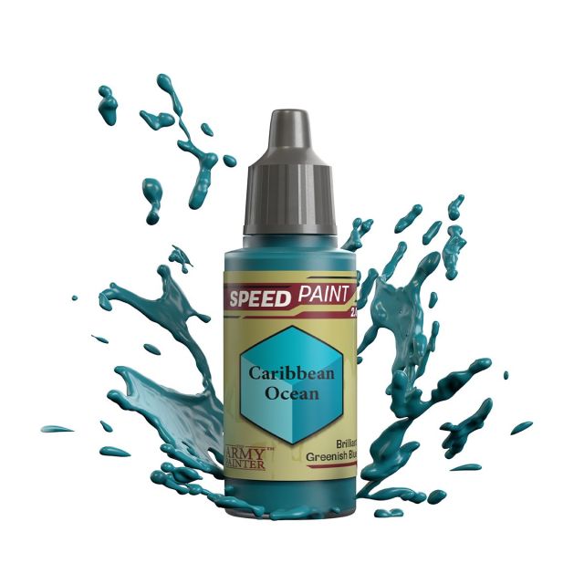 A bottle of 'Caribbean Ocean' Speedpaint 2.0 miniature paint from The Army Painter, depicted with a splash of ocean-like color around it.