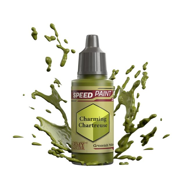 A bottle of 'Charming Chartreuse' speed paint from The Army Painter, depicted with a splash of green paint around it.