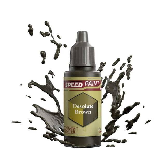 A bottle of 'Desolate Brown' Speedpaint 2.0 miniature paint from The Army Painter, depicted with a splash effect around the paint droplets.