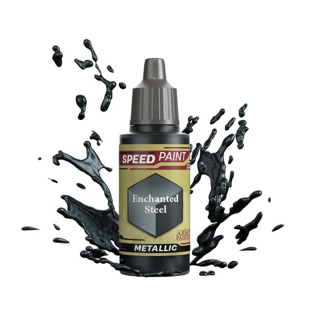 A bottle of 'Speedpaint 2.0: Enchanted Steel Metallic' paint for miniatures and models, with a dynamic splash graphic in the background.