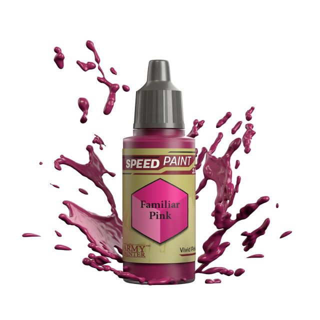 A bottle of 'Familiar Pink' Speedpaint 2.0 miniature paint from The Army Painter, depicted with a splash of pink paint around it.