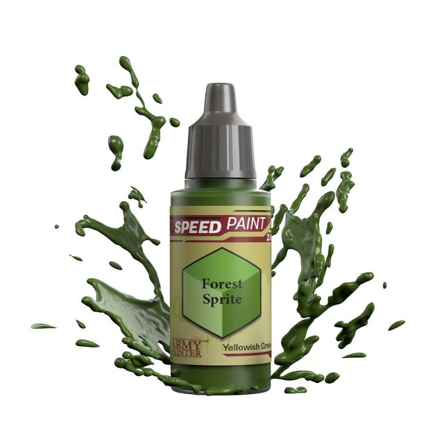 A bottle of Army Painter Speedpaint 2.0 in 'Forest Sprite' color, with a splash of green paint around it, indicating the color of the paint.