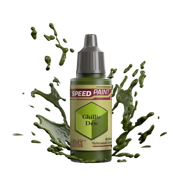 A bottle of 'Ghillie Dew' speed paint in green, representing the product mentioned in the description.