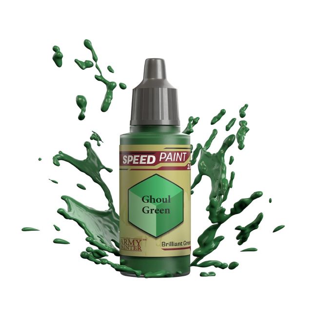 A bottle of 'Ghoul Green' Speedpaint 2.0 miniature paint from The Army Painter splashing out with dynamic green paint splatters around it.