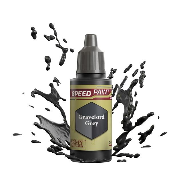 A bottle of The Army Painter Speedpaint 2.0 Gravelord Grey paint with a dynamic splash graphic in the background.