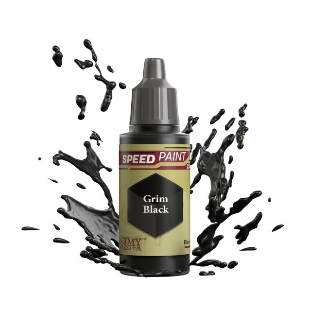 A bottle of 'Grim Black' miniature paint from The Army Painter Speedpaint 2.0 line, depicted with a splash of black paint around it.