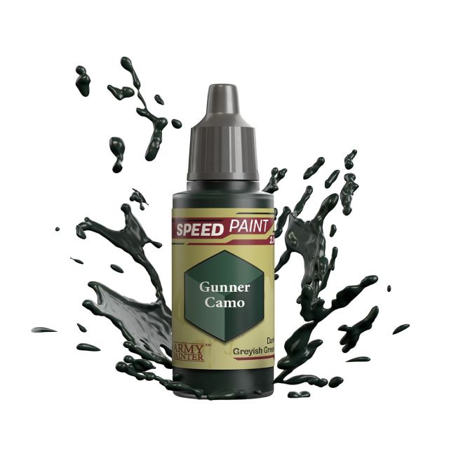 A bottle of 'Gunner Camo' speed paint from The Army Painter, designed for miniature model painting, with a splash graphic background.