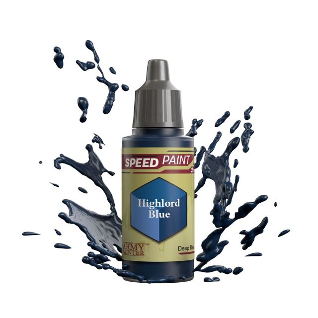 A bottle of 'Highlord Blue' Speedpaint 2.0 miniature paint from The Army Painter, depicted with a dynamic splash graphic behind it.
