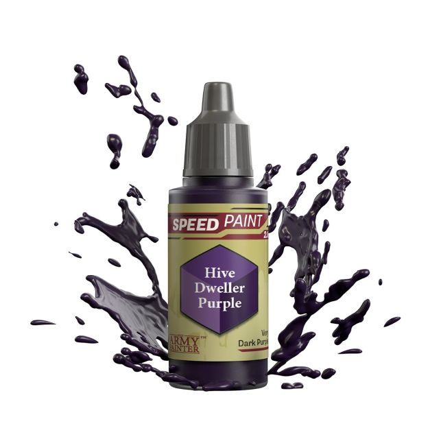 A bottle of 'Hive Dweller Purple' Speedpaint 2.0 miniature paint with a splash effect around it.