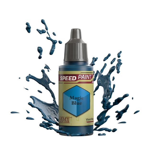 A bottle of 'Magic Blue' Speedpaint 2.0 miniature paint from The Army Painter, depicted with a splash of blue liquid around it, indicating motion or action.