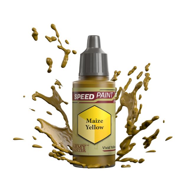 A bottle of 'Maize Yellow' Speedpaint 2.0 miniature paint from The Army Painter, depicted with a splash of yellow paint around it.