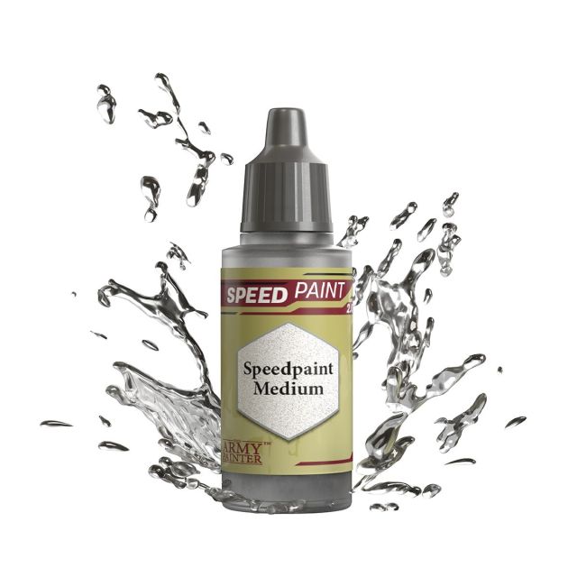 A bottle of The Army Painter Speedpaint 2.0 Medium paint with a splash graphic design, indicating motion or action.